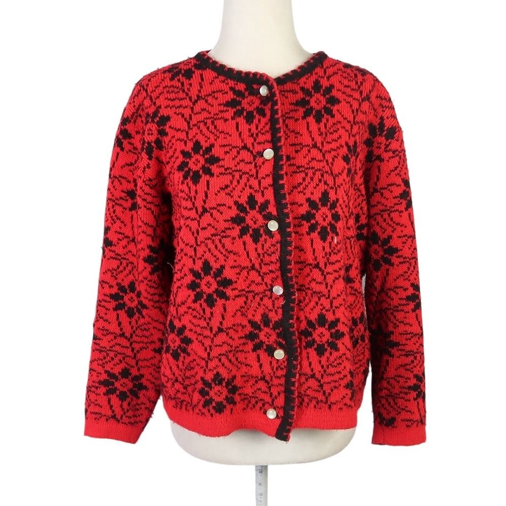 Vintage 80s Bayer Red and Black Floral Knit Cardigan Sweater L